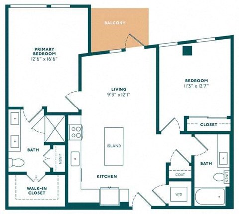Floor plan for 2 beds, 2 baths, 1028 sqft
